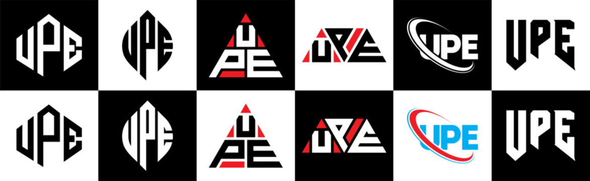 UPE letter logo design in six style. UPE polygon, circle, triangle, hexagon, flat and simple style with black and white color variation letter logo set in one artboard. UPE minimalist and classic logo