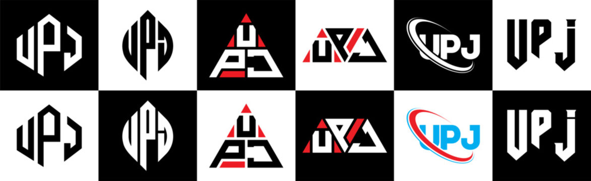 UPJ letter logo design in six style. UPJ polygon, circle, triangle, hexagon, flat and simple style with black and white color variation letter logo set in one artboard. UPJ minimalist and classic logo