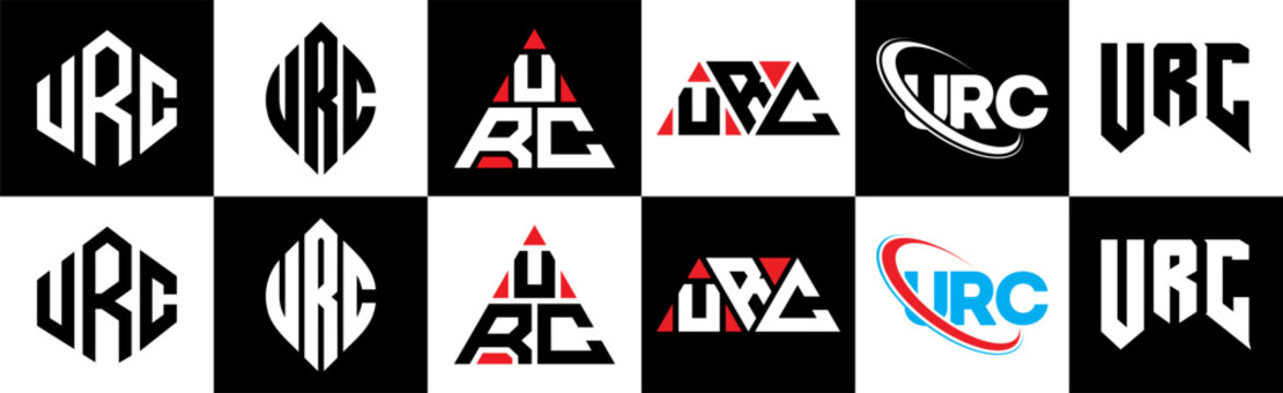 URC letter logo design in six style. URC polygon, circle, triangle, hexagon, flat and simple style with black and white color variation letter logo set in one artboard. URC minimalist and classic logo