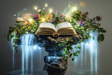 Floating garden with luminous waterfalls and open book Generative AI
