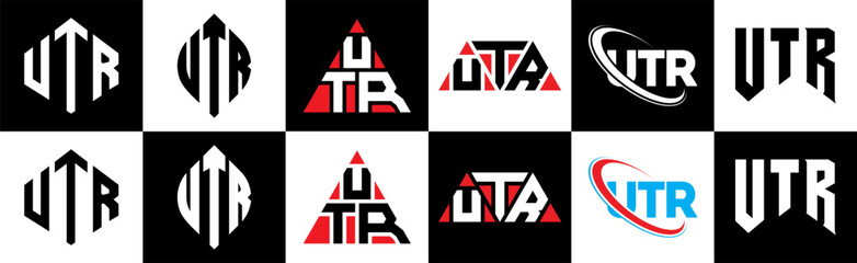 UTR letter logo design in six style. UTR polygon, circle, triangle, hexagon, flat and simple style with black and white color variation letter logo set in one artboard. UTR minimalist and classic logo
