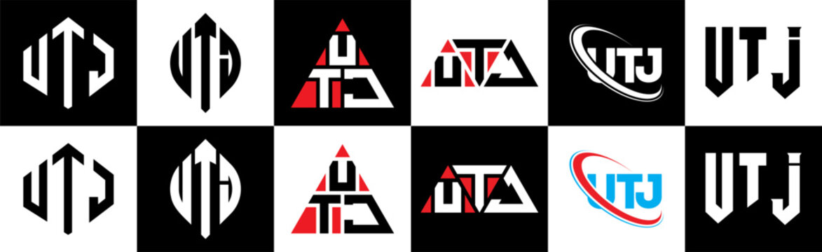 UTJ letter logo design in six style. UTJ polygon, circle, triangle, hexagon, flat and simple style with black and white color variation letter logo set in one artboard. UTJ minimalist and classic logo