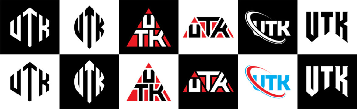UTK letter logo design in six style. UTK polygon, circle, triangle, hexagon, flat and simple style with black and white color variation letter logo set in one artboard. UTK minimalist and classic logo