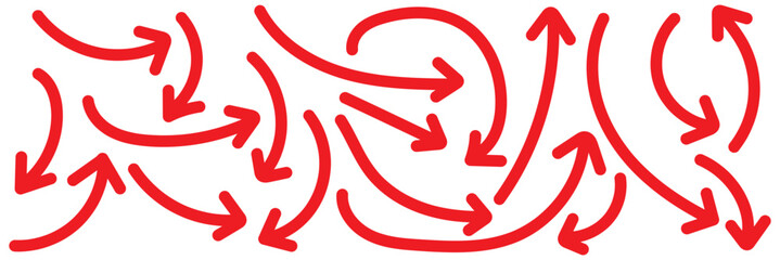 Collection hand drawn arrows. Set of simple of hand drawn red arrows. Hand drawn doodle arrow icon vector. Set of simple lines hand drawn Red arrows.  Red Hand drawn arrow collection. 