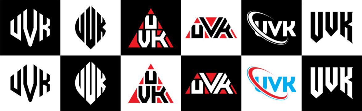 UVK letter logo design in six style. UVK polygon, circle, triangle, hexagon, flat and simple style with black and white color variation letter logo set in one artboard. UVK minimalist and classic logo