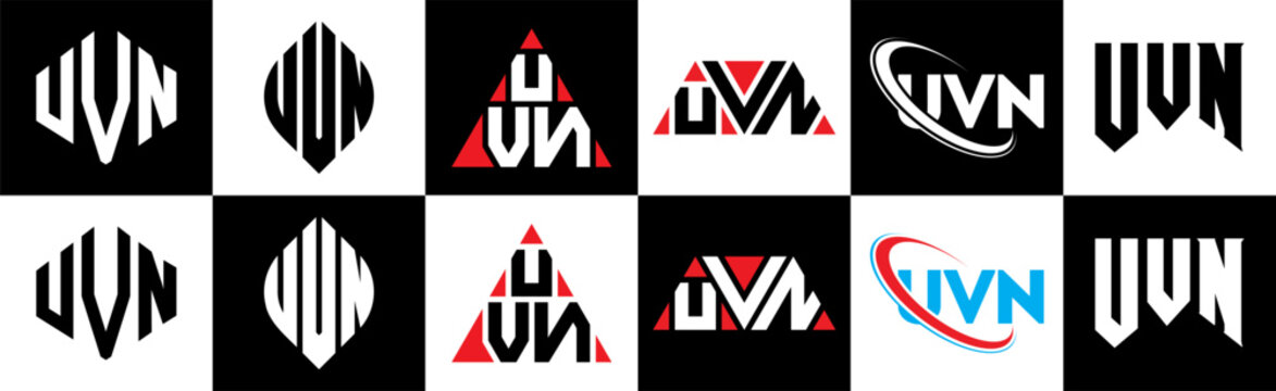 UVN letter logo design in six style. UVN polygon, circle, triangle, hexagon, flat and simple style with black and white color variation letter logo set in one artboard. UVN minimalist and classic logo