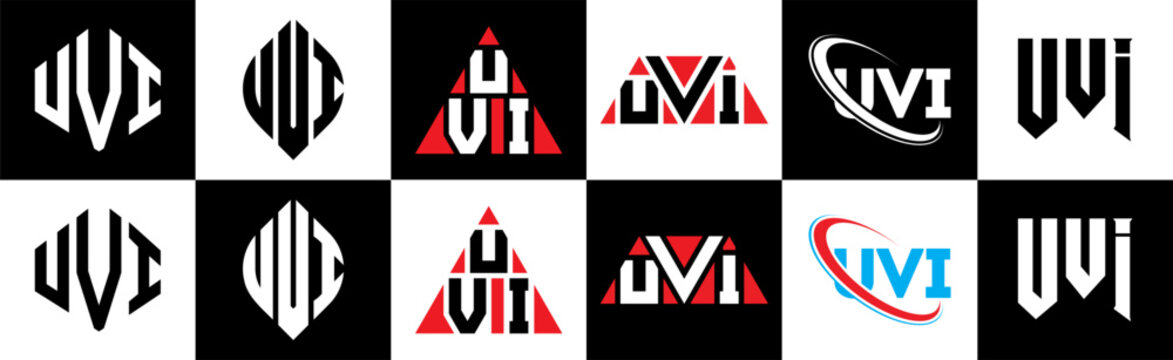 UVI letter logo design in six style. UVI polygon, circle, triangle, hexagon, flat and simple style with black and white color variation letter logo set in one artboard. UVI minimalist and classic logo