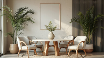 Obraz premium minimalist dining room with four chairs around a round wooden table and lush potted plants