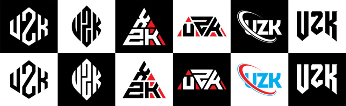 UZK letter logo design in six style. UZK polygon, circle, triangle, hexagon, flat and simple style with black and white color variation letter logo set in one artboard. UZK minimalist and classic logo