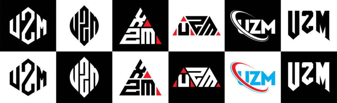 UZM letter logo design in six style. UZM polygon, circle, triangle, hexagon, flat and simple style with black and white color variation letter logo set in one artboard. UZM minimalist and classic logo