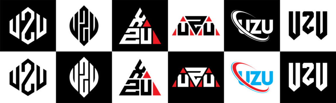 UZU letter logo design in six style. UZU polygon, circle, triangle, hexagon, flat and simple style with black and white color variation letter logo set in one artboard. UZU minimalist and classic logo