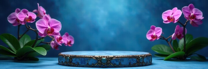 Obraz premium Blue backdrop, ornate podium showcasing vibrant orchid, pedestal, nature