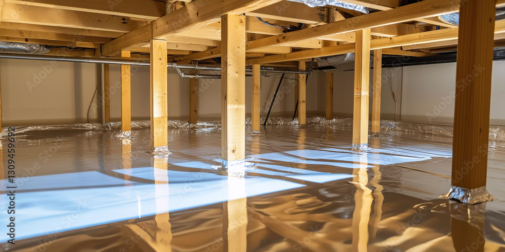 Poster gleaming vapor barrier in an open space beneath the structure generative ai