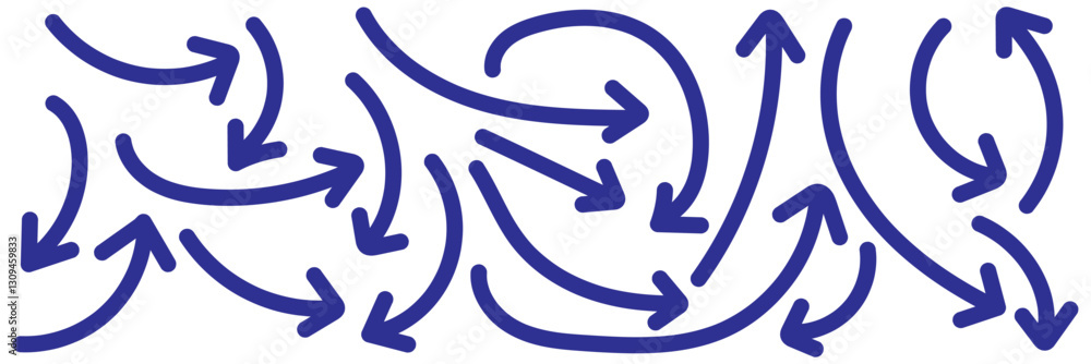 Poster set of simple lines hand drawn blue arrows in various style. set of simple of hand drawn blue arrows