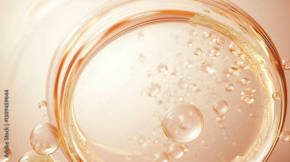 Poster elegant abstract background featuring golden bubbles suspended in liquid within a circular glass pla