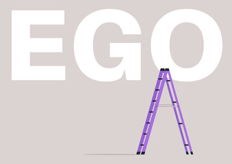 A purple ladder stands prominently, symbolizing ascent and reflection on the concept of ego, The word EGO looms large in the background, creating a striking contrast that invites contemplation