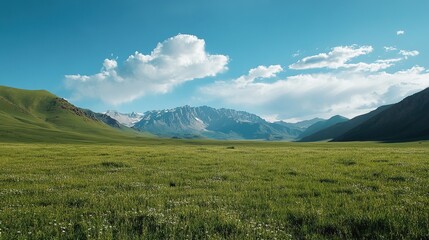 Serene Austrian Landscape with Vibrant Green Meadow and Majestic Mountains Under Clear Blue Sky, Ideal Sunny Summer Day Scenery
