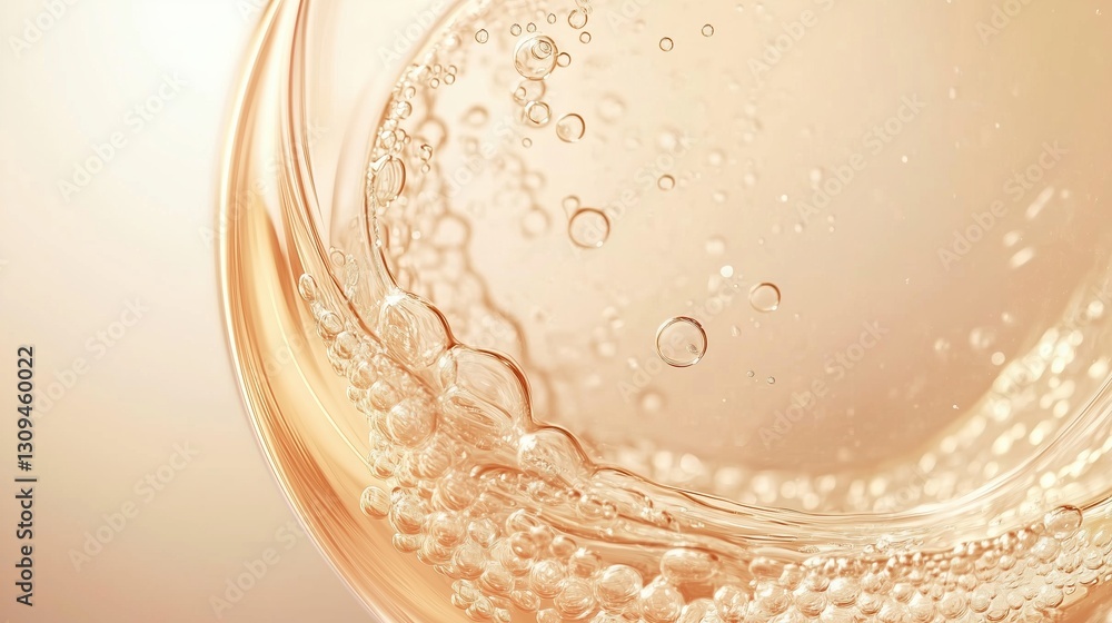 Poster elegant abstract background featuring golden bubbles suspended in liquid within a circular glass pla