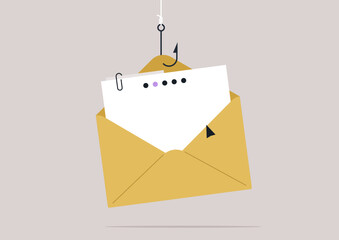 A yellow envelope hangs precariously from a fishing hook, symbolizing the lure of phishing emails, An empty space hints at the deceitful message waiting to ensnare unsuspecting victims