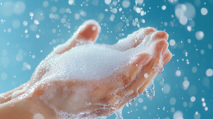Fototapeta premium Soapy hands with water droplets, conveying cleanliness and freshness. image captures essence of hygiene and care, perfect for health related themes