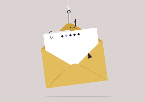 A yellow envelope hangs precariously from a fishing hook, symbolizing the lure of phishing emails, An empty space hints at the deceitful message waiting to ensnare unsuspecting victims