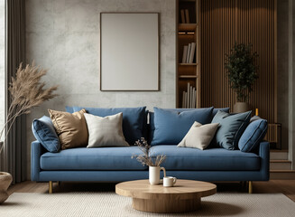 stylish blue sofa with beige pillows in a modern living room