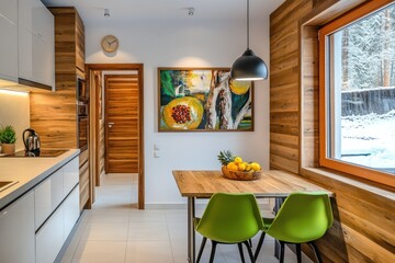 Modern kitchen with wooden accents and bright green chairs.