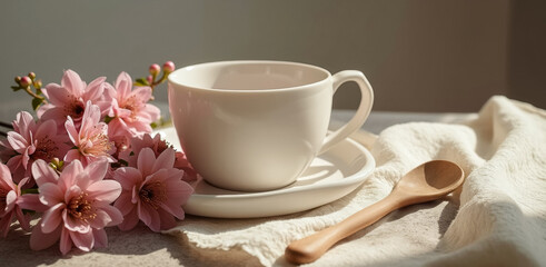 Fototapeta premium white teacup with pink blossoms and wooden spoon