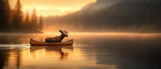 A moose in a canoe on a lake at sunrise
