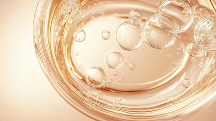 Elegant abstract background featuring golden bubbles suspended in liquid within a circular glass plate. Soft light beige gradient creates a luxurious and refined atmosphere, ideal for cosmetic product