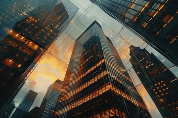 Reflective skyscrapers, business office buildings.