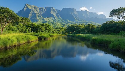 Fototapeta premium Serene mountain lake reflecting lush greenery under a clear sky.