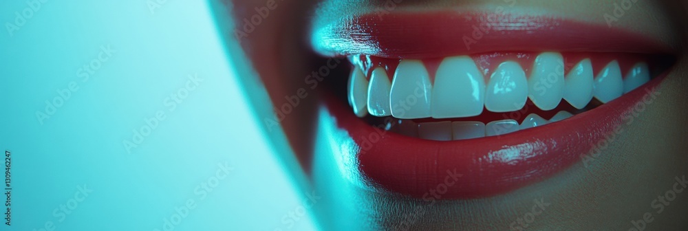 Poster smiling mouth showcasing bright white teeth with a gentle dental check up in a soft pastel blue back