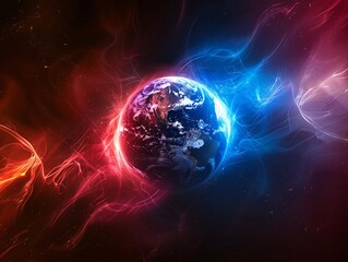 Obraz premium Fiery cosmic energy swirls around a vibrant Earth, a captivating blend of red and blue hues.