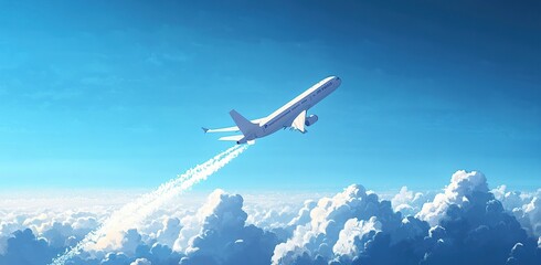 Fototapeta premium A white plane flies in the blue sky, leaving behind its trail against fluffy clouds. The airplane is flying high