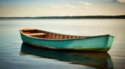 Naklejka premium Lone teal boat on calm lake water