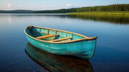 Obraz premium Rowboat on a calm lake with reflection