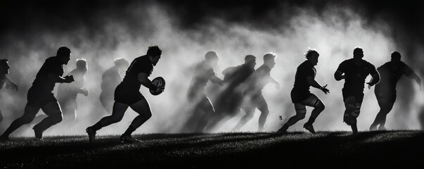 Athletic figures in silhouette playing a contact sport on a field
