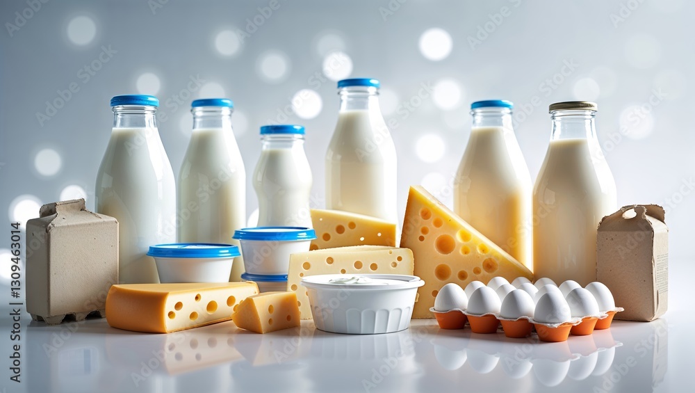 Poster dairy products arranged on a table with a soft blurred background creating a fresh and inviting atmo