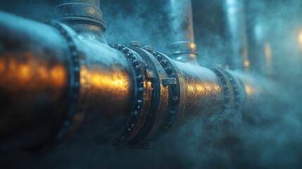  Transparent gas leaking from metal pipe, shimmering in air under soft lighting, emphasizing hazardous fumes with a subtle visual distortion effect.