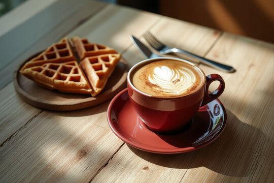 red cup of latte coffee with waffles on wooden table