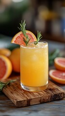 Fototapeta premium A vibrant grapefruit cocktail sits atop a wooden board, garnished with fresh rosemary and a slice of grapefruit. The sunny beverage invites relaxation and freshness during warm days