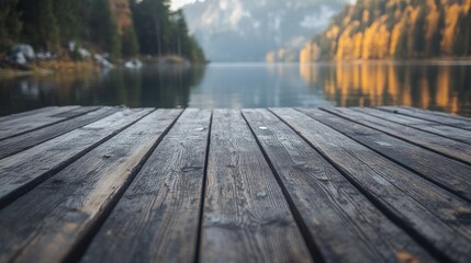 Serene Lakeside Wooden Dock: A Peaceful Autumn Escape