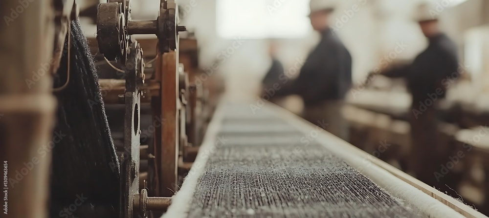 Poster a large textile factory captured in a panoramic shot, showing engineers with a softly blurred backgr