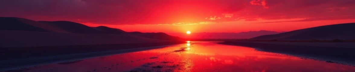 Fototapeta premium Crimson sky reflects on wet sand, dunes silhouetted against fiery glow, sea, glow, waves