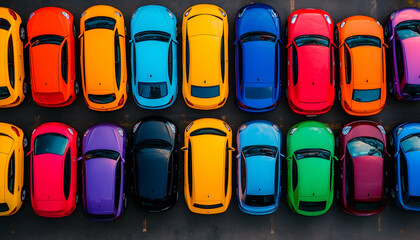 Aerial view of colorful cars parked in rows.