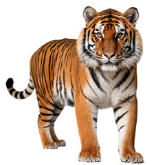 Obraz premium Majestic Full-Body Tiger Portrait with Striking Stripes, Piercing Yellow Eyes, Powerful Stance, Detailed Fur, High Contrast, Studio Lighting, White Background, Realistic 4K Wildlife PNG