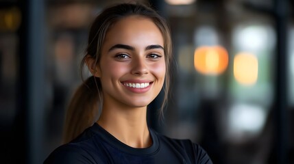 Obraz premium Smiling young woman in a sports suit enjoys a serene moment in a modern gym during her workout routine in the afternoon light