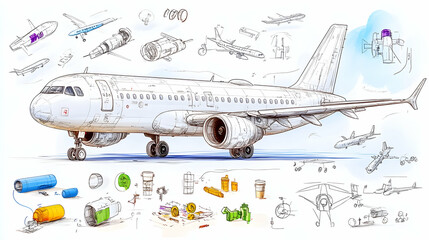 Airplane design sketch with components and parts.