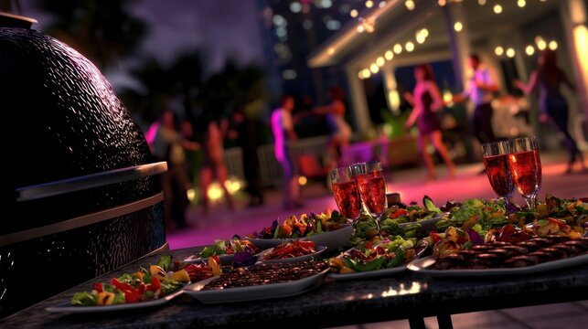 Night party, city view, outdoor food buffet, dancing guests